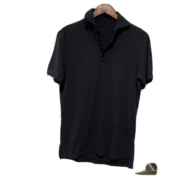 Lululemon Polo Shirt Mens Medium Gray Striped Short Sleeve Stretch Slim Athletic - Picture 1 of 9